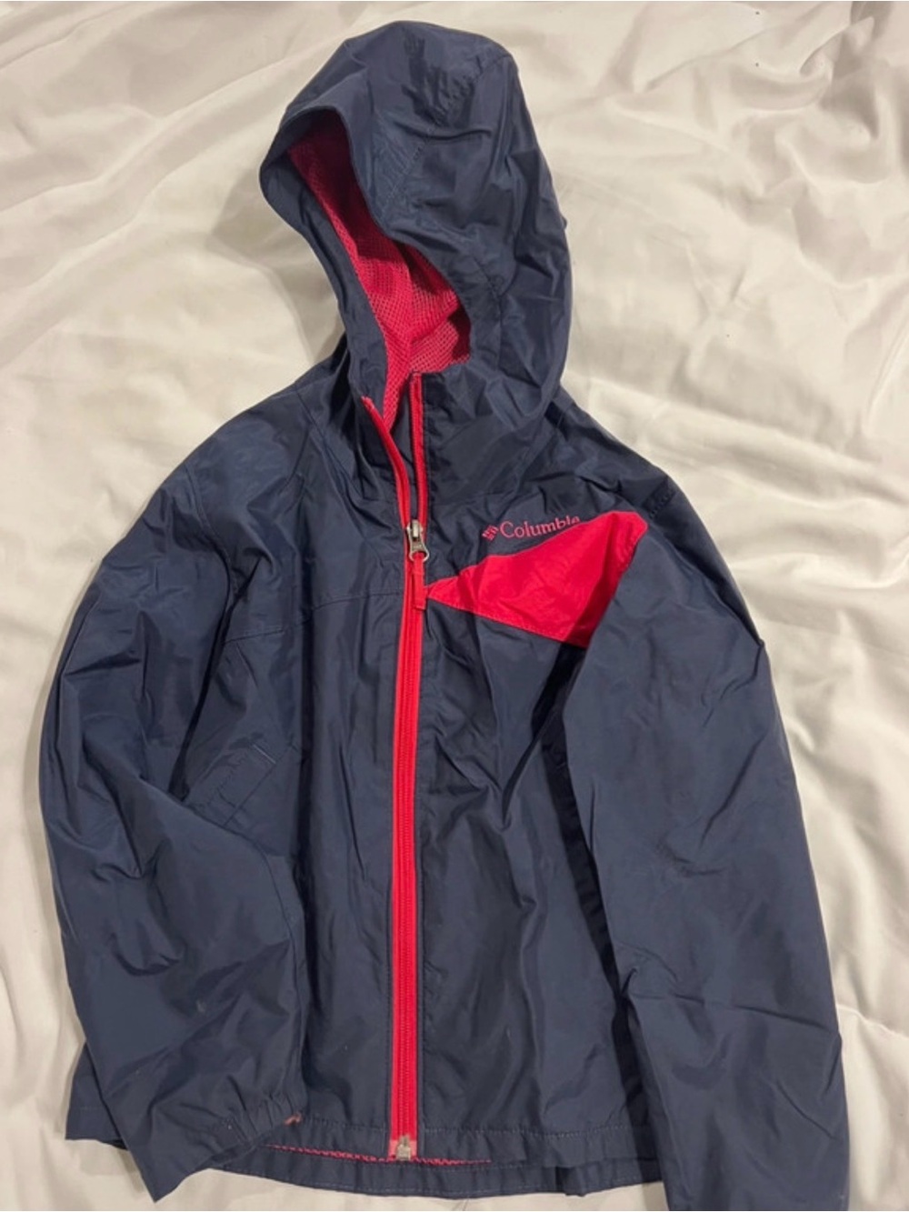 Columbia Navy Rain Jacket with Pink Accents - Kids Hooded Shell 6x girls